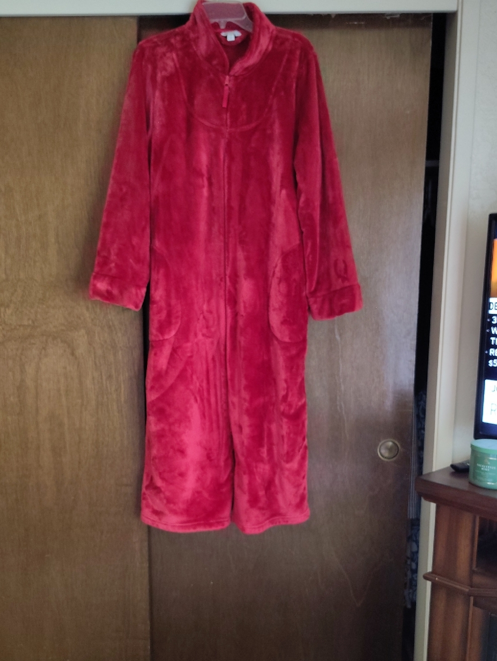 Red Plush Fleece One-Piece Soft, Comfy Robe. This is a reddish maroon.